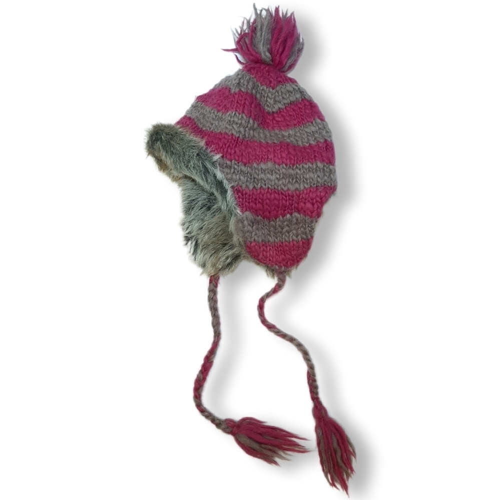 AEO Winter Trapper Hat Striped Wool Alpaca Chunky Knit Faux Fur